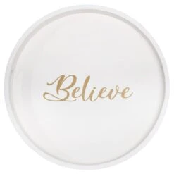 "Believe" 13.75" Round Wood Serving Tray With Handles