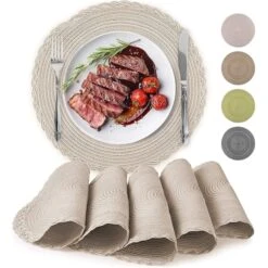 Round Placemats Braided Set Of 6 Ivory With Border