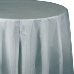 Shimmering Silver Round Plastic Tablecloth, 82", 12PK