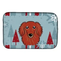 Winter Holiday Longhair Red Dachshund Dish Drying Mat