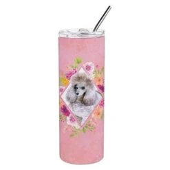 Carolines Treasures CK4173TBL20 20 Oz Standard Grey Poodle Pink Flowers Double Walled Stainless Steel Skinny Tumbler