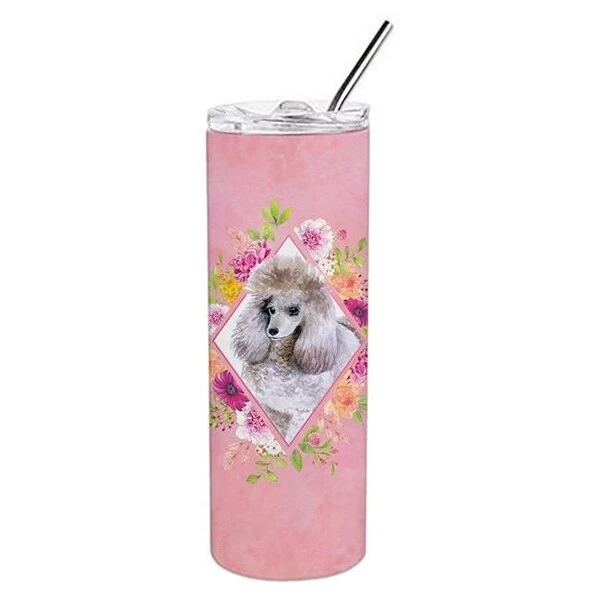 Carolines Treasures CK4173TBL20 20 Oz Standard Grey Poodle Pink Flowers Double Walled Stainless Steel Skinny Tumbler