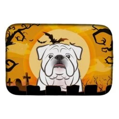 Halloween White English Bulldog Dish Drying Mat