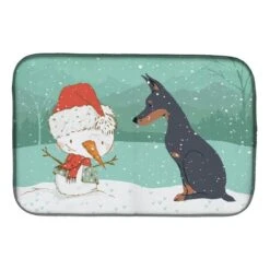 Doberman & Snowman Christmas Dish Drying Mat