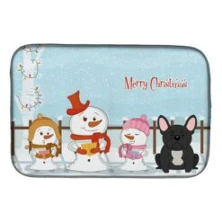 Merry Christmas Carolers French Bulldog Black Dish Drying Mat