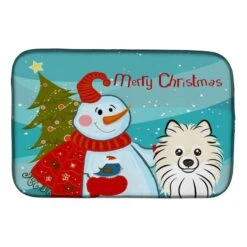 Snowman With Pomeranian Dish Drying Mat