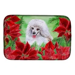 Medium White Poodle Poinsettas Dish Drying Mat