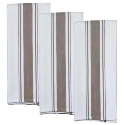 Dunroven House OR725-10 Stripe Kitchen Towels; Taupe & White - Set Of 3