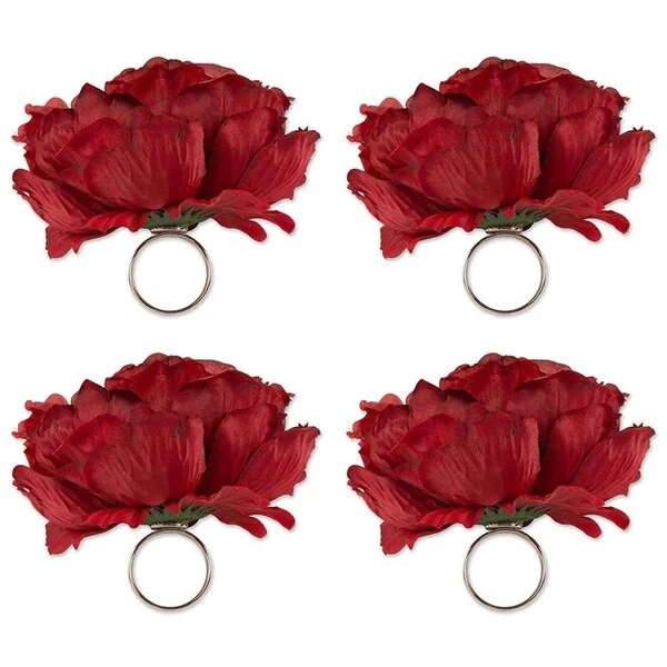 Peony Napkin Ring Set - Deep Red