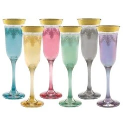 Lorenzo Import 9457 Muticolor Flutes With Gold Band - Set Of 6