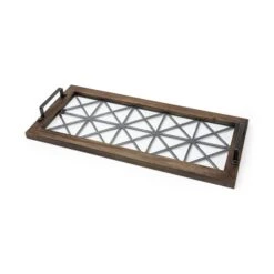 HomeRoots Brown Wood With Geometrically Metal Frame & Glass Bottom Tray