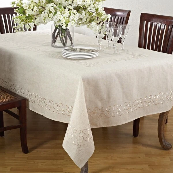 SARO 67 X 120 In. Rectangular Embroidered Swirl Design Linen Blend Tablecloth - Natural