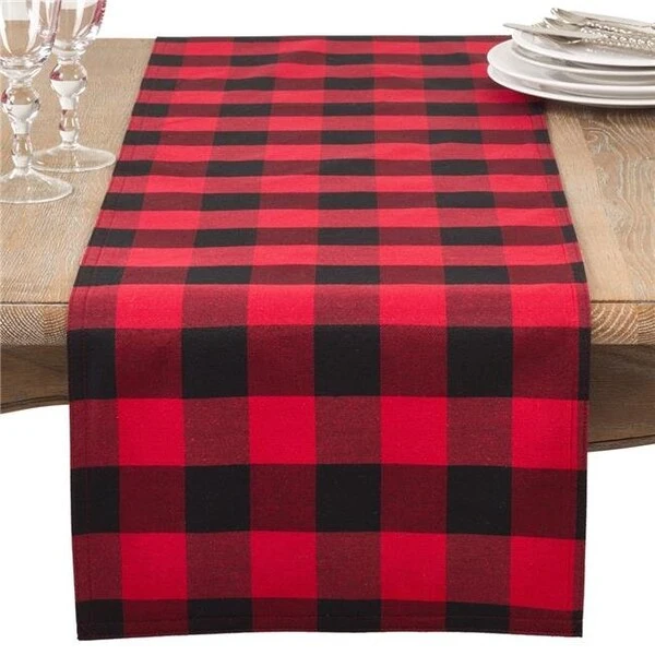 SARO 5026.R1672B 16 X 72 In. Rectangle Buffalo Plaid Check Classic Cotton Blend Table Runner Red