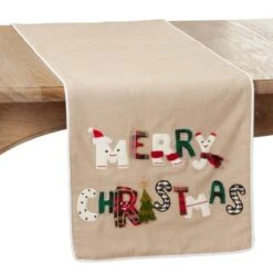 SARO 16 X 72 In. Oblong Natural Merry Christmas Table Runner