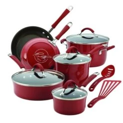 Rachael Ray 16339 Cucina Hard Enamel Nonstick 12-Piece Cookware Set; Cranberry Red