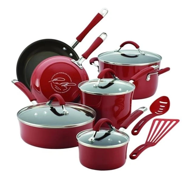 Rachael Ray 16339 Cucina Hard Enamel Nonstick 12-Piece Cookware Set; Cranberry Red