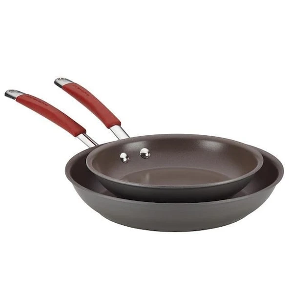 Rachael Ray 87633 Cucina Hard-Anodized Nonstick Twin Pack Skillet Set; Gray With Cranberry Red Handles